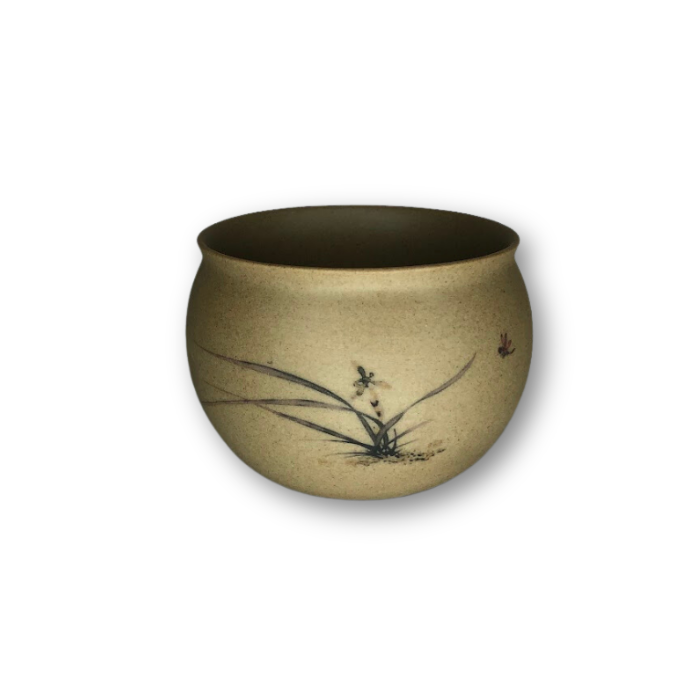 Tan Asian Style Pot with Blade of Grass Dragon Fly-0