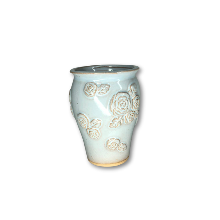 White Glazed Pot with Raised Flower Pattern-0