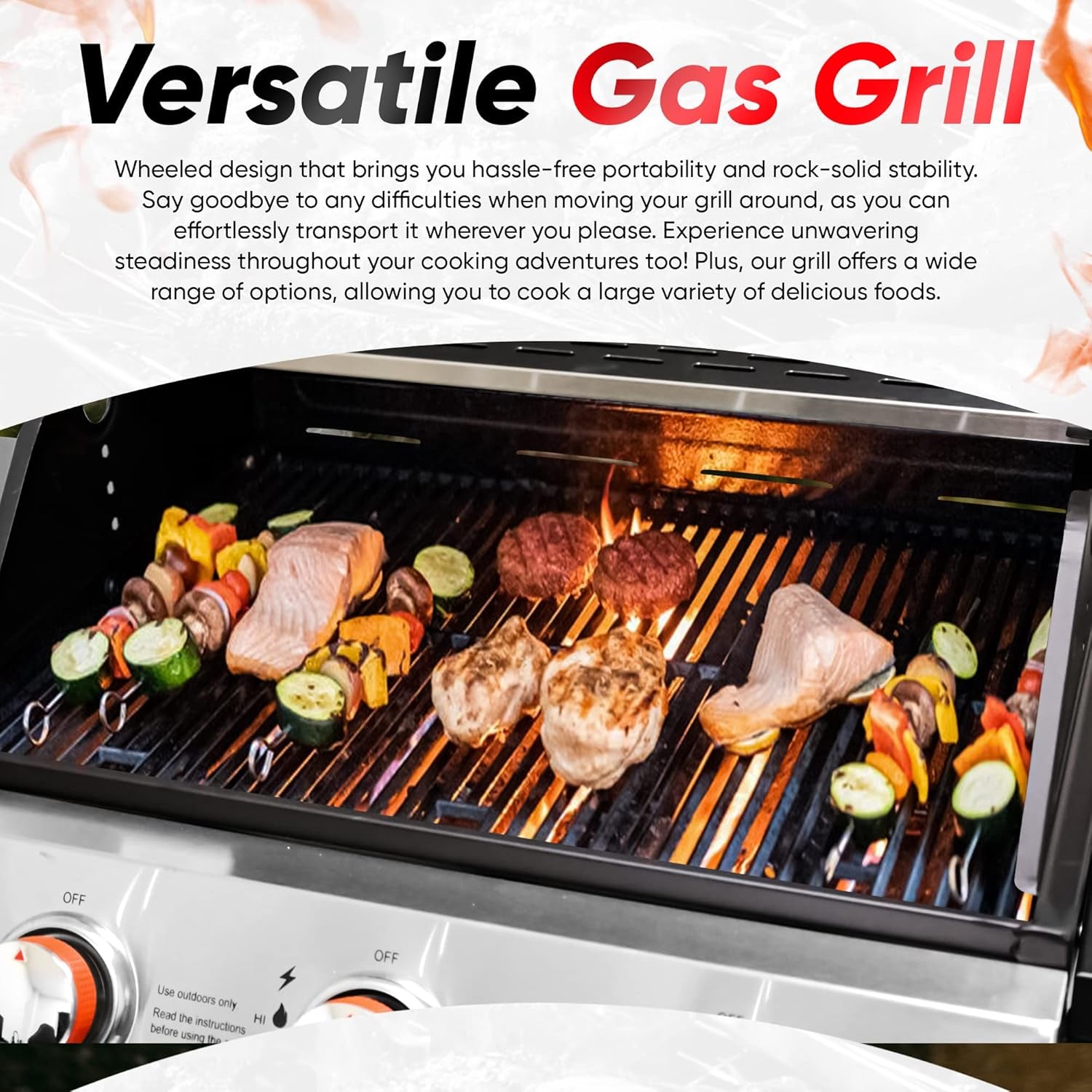 Stainless Gas Grill 3-Burner, Cabinet, Wheels, Outdoor BBQ-2