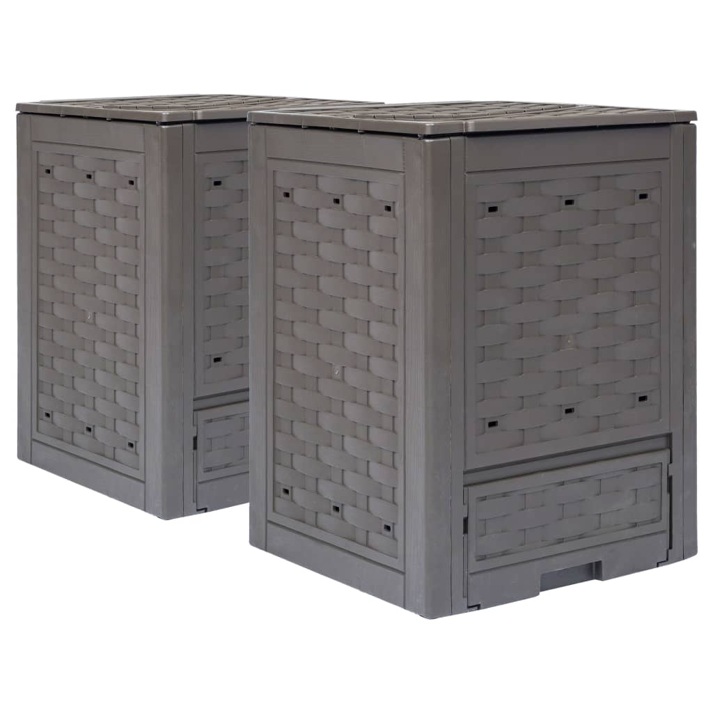 vidaXL Garden Composters 2 pcs Brown 23.6"x23.6"x32.7" 158.5 gal Plastic Rattan-0
