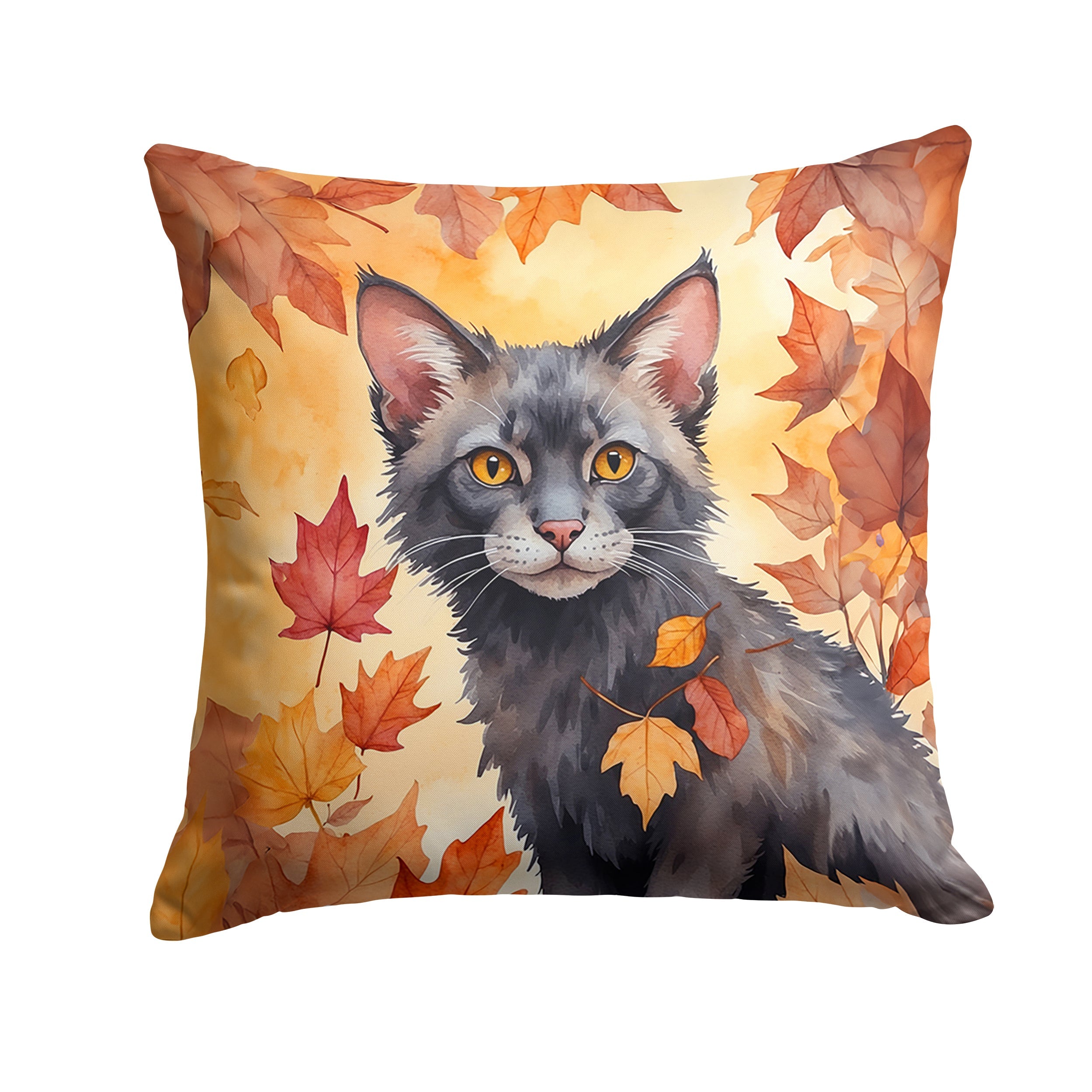 Lykoi Cat in Fall Leaves Throw Pillow-0