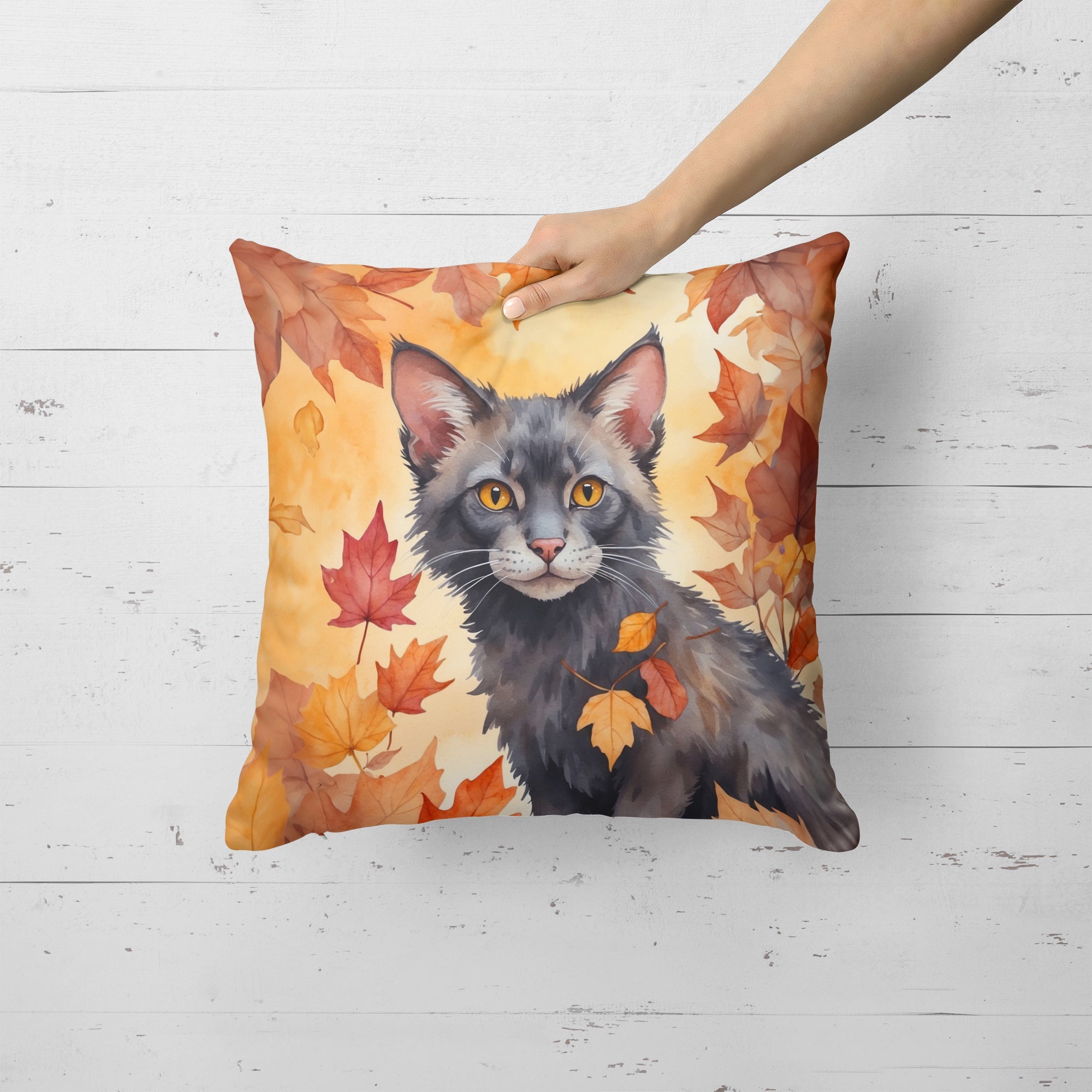 Lykoi Cat in Fall Leaves Throw Pillow-1