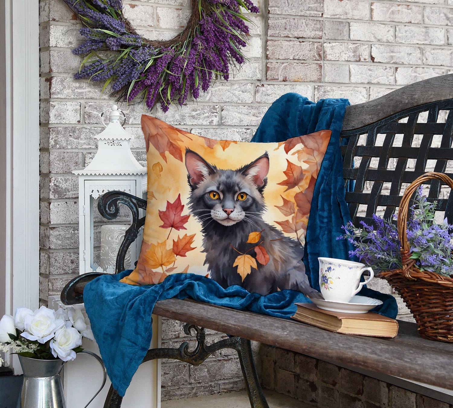 Lykoi Cat in Fall Leaves Throw Pillow-3
