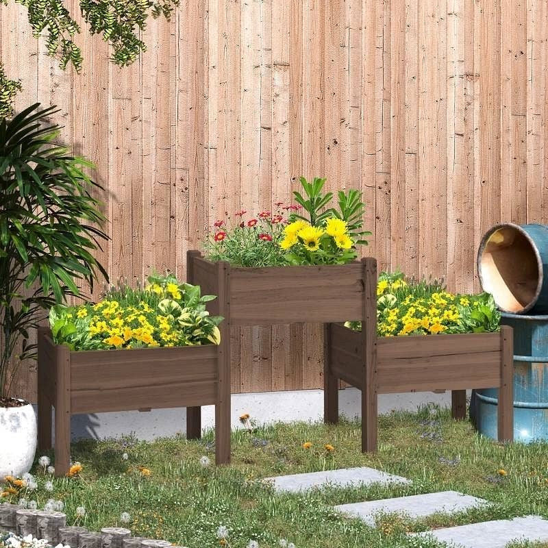 Brown 3 Wooden Elevated Planter Raised Garden Beds-0