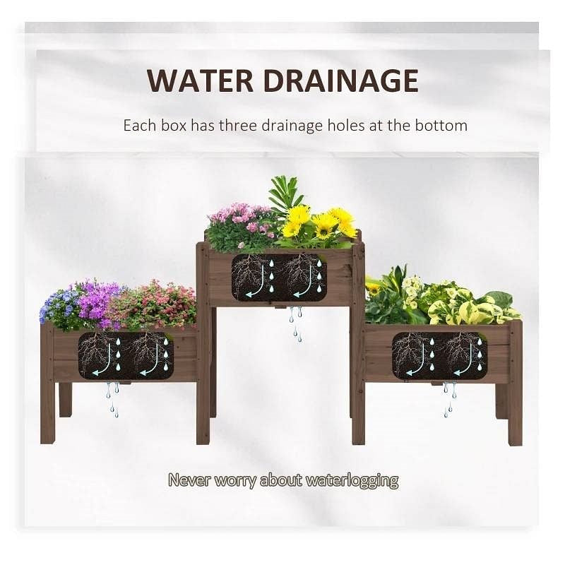 Brown 3 Wooden Elevated Planter Raised Garden Beds-1