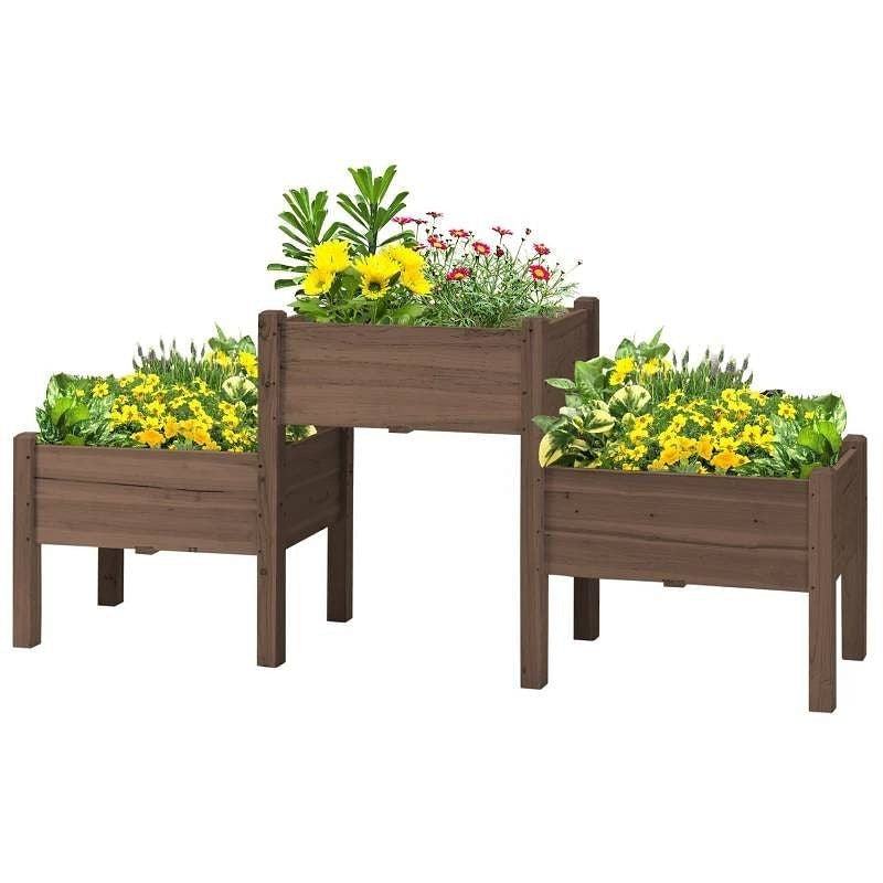 Brown 3 Wooden Elevated Planter Raised Garden Beds-2
