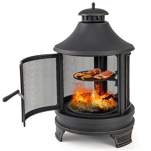 30 Inch Outdoor Fire Pit Chiminea with Grill for Garden BBQ-1